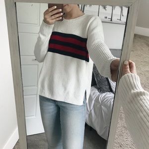 cream sweater with color block stripes